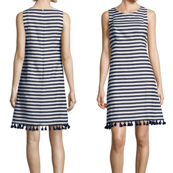 ELIZA J Navy Blue & White Stripe Tasseled Sleeveless Sheath Dress Size 6 - Picture 1 of 11